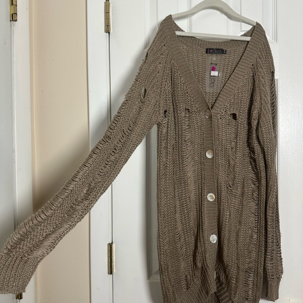 Tan Cardigan Sweater V-Neck Ribbed - Picture 2 of 6